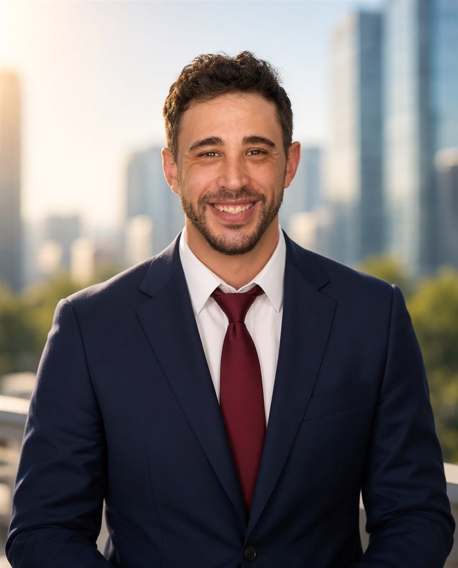 Aaron D. Franklin smiling before the city skyline