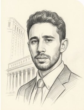 Pencil sketch of Aaron D. Franklin before the courthouse